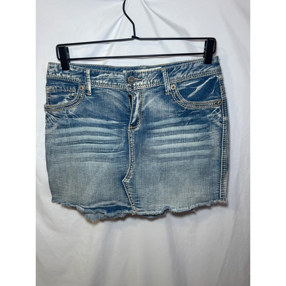 Y2K Denim Mini Skirt 7/8 Small Medium Wash Whiskered Frayed Hem Jade Jeans